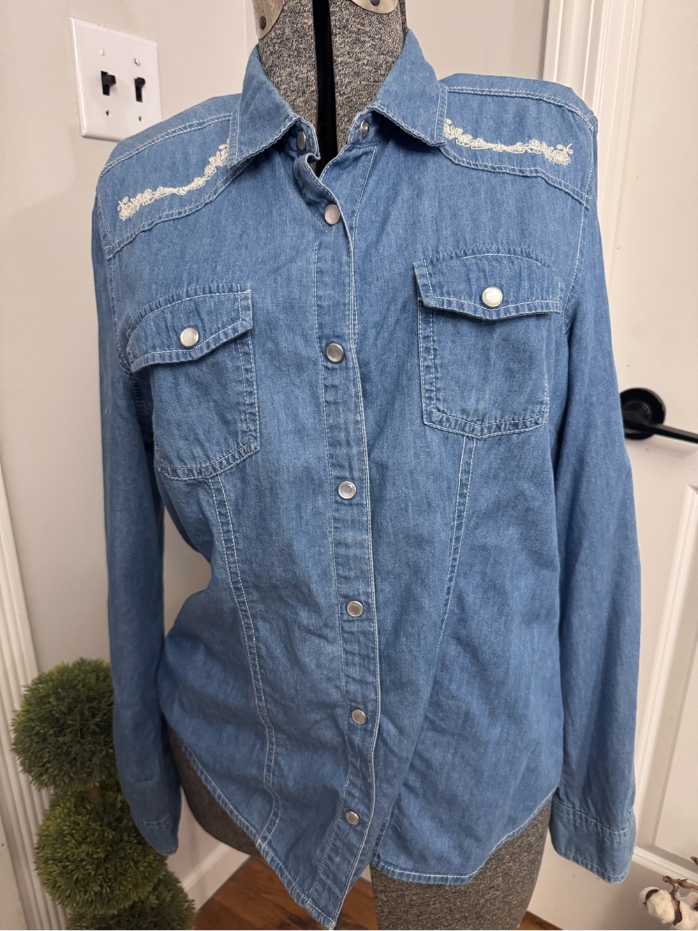 Women's Canyon Blues Denim Button Down Shirt with Embroidered Detail Large